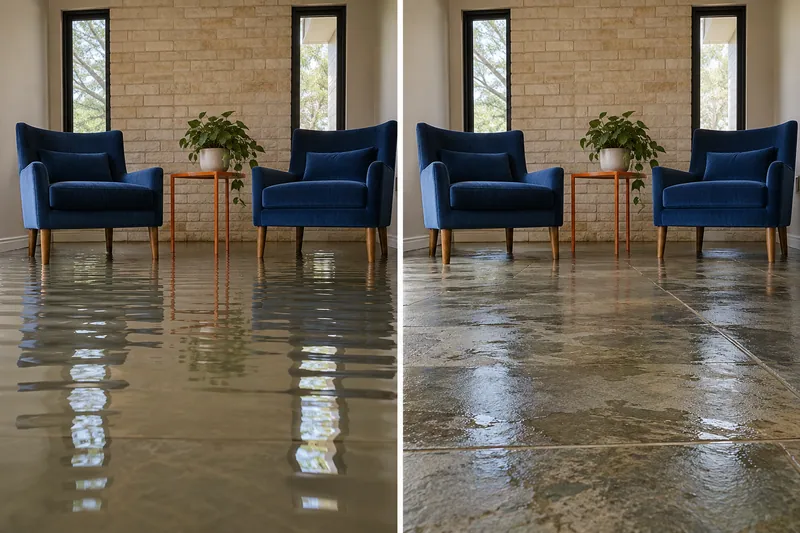 Water Extraction Near Kimmel Park — matched room before bulk collection and afterward with damp flooring