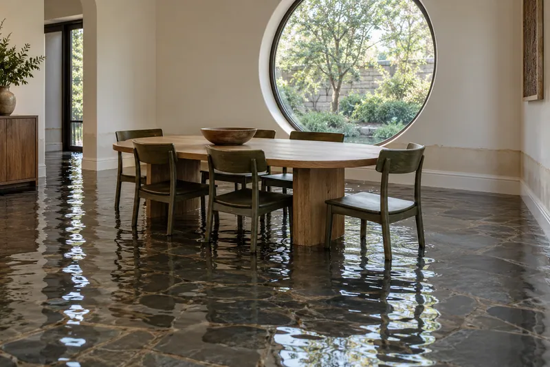 Water Extraction Near Hawkins Spring Park — substantial standing water with clear waterlines and submerged lower furniture feet