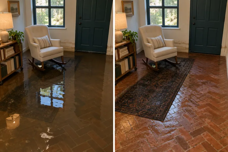Water Extraction Near Lake Grove Park — matched room before bulk collection and afterward with damp flooring