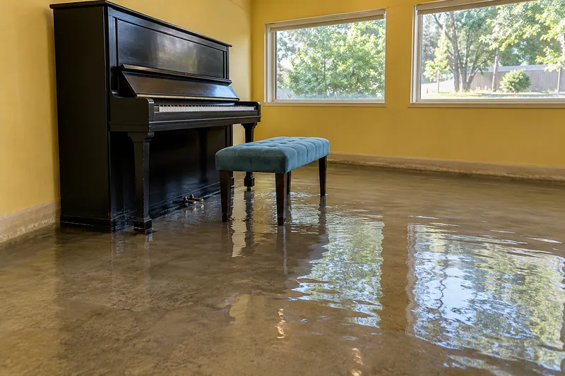 Water Extraction Near Lake Grove Park — substantial standing water with clear waterlines and submerged lower furniture feet
